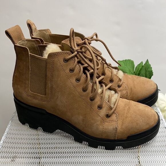 EILEEN FISHER Women Calm Tan Suede Shearling Platform lug‎ Sole Hiker Bootie 7.5 - Picture 4 of 13